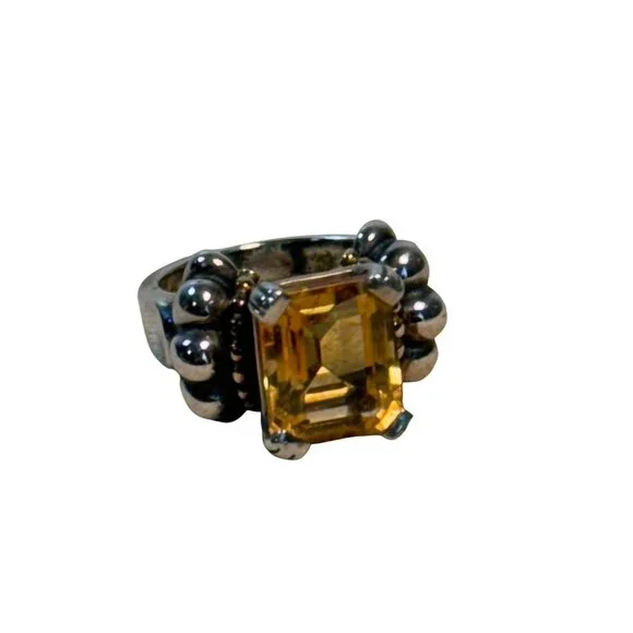 Vintage LAGOS CAVIAR Sterling Silver & 18K Gold Emerald Cut CITRINE Ring 6.75 - Picture 14 of 15